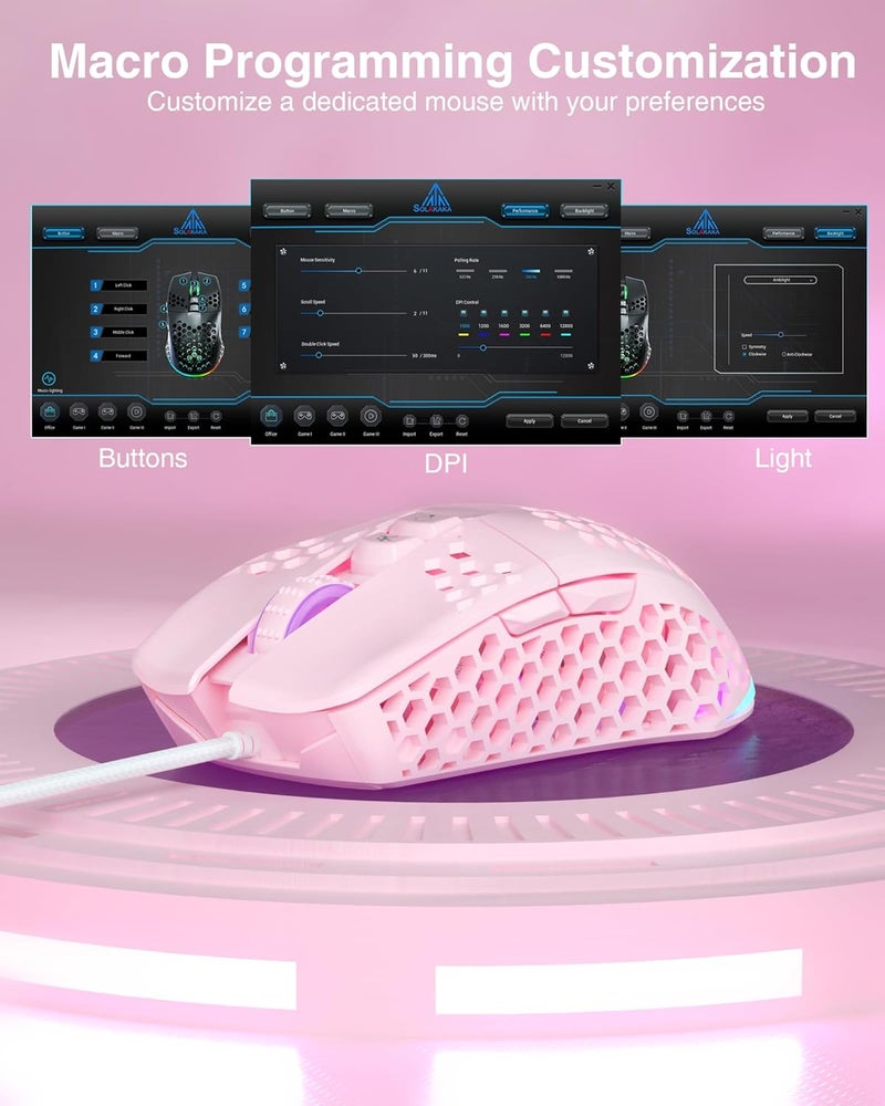 SOLAKAKA SM900 Gaming Mouse Wired with RGB,Honeycomb Shell,12800 DPI Wired Gaming Mouse with Buttons,Computer Mouse for Laptop/PC,Pink - Image 4